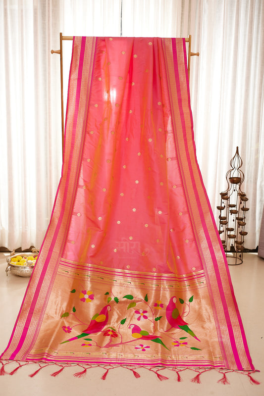 Rose Pink Nauvari Kanjivaram Silk blend Paithani Saree with unstitched blouse