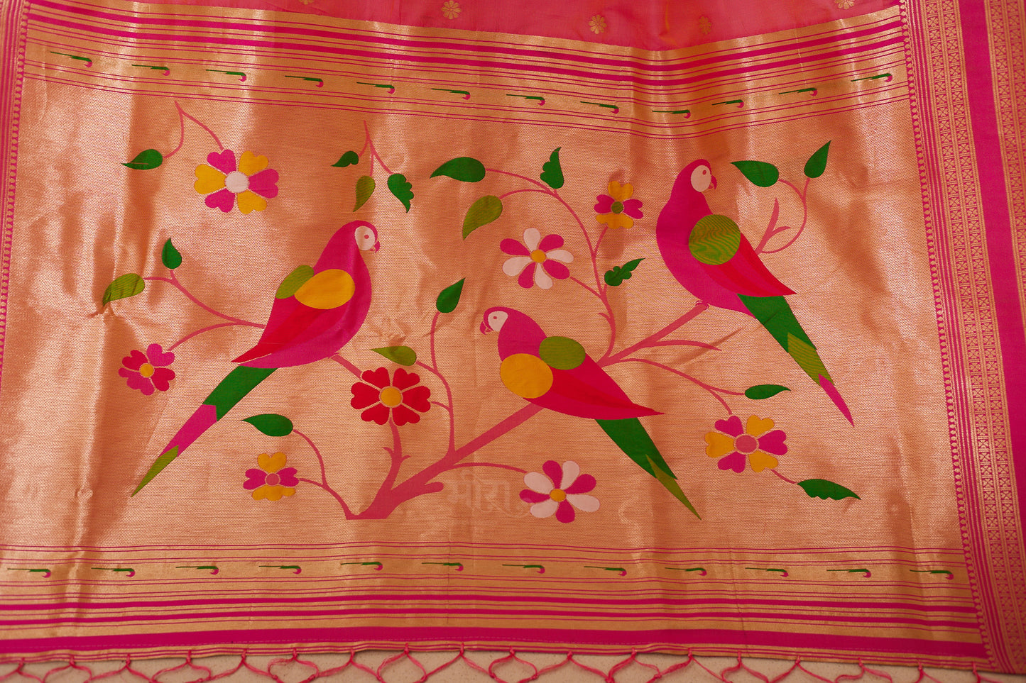 Rose Pink Nauvari Kanjivaram Silk blend Paithani Saree with unstitched blouse