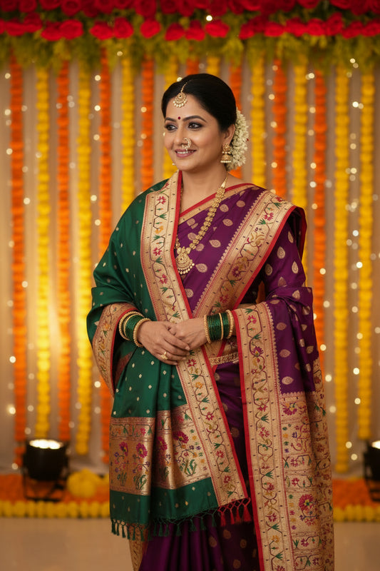 Bottle Green and Red Royal Paithani Shela