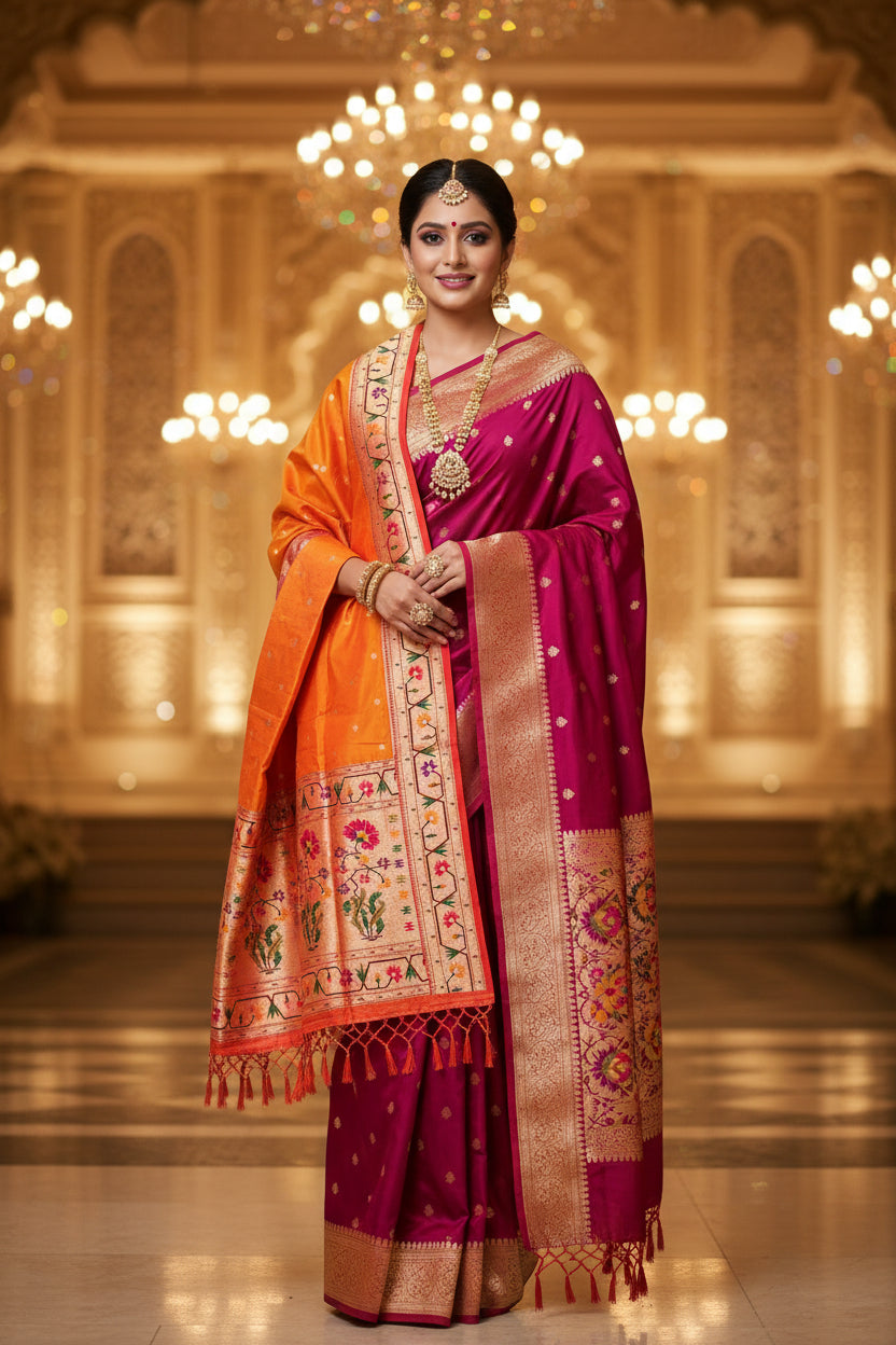 Mustard and Red Royal Paithani Shela