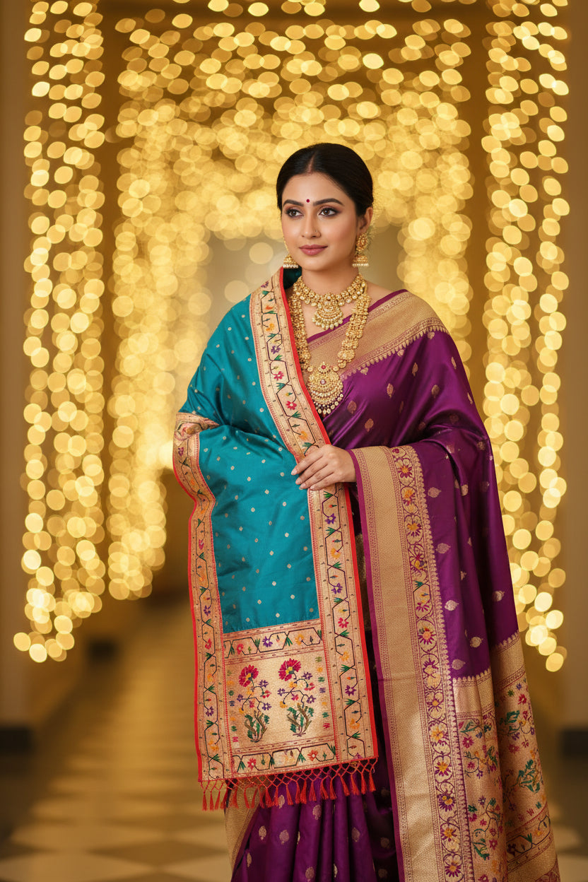 Teal and Red Royal Paithani Shela
