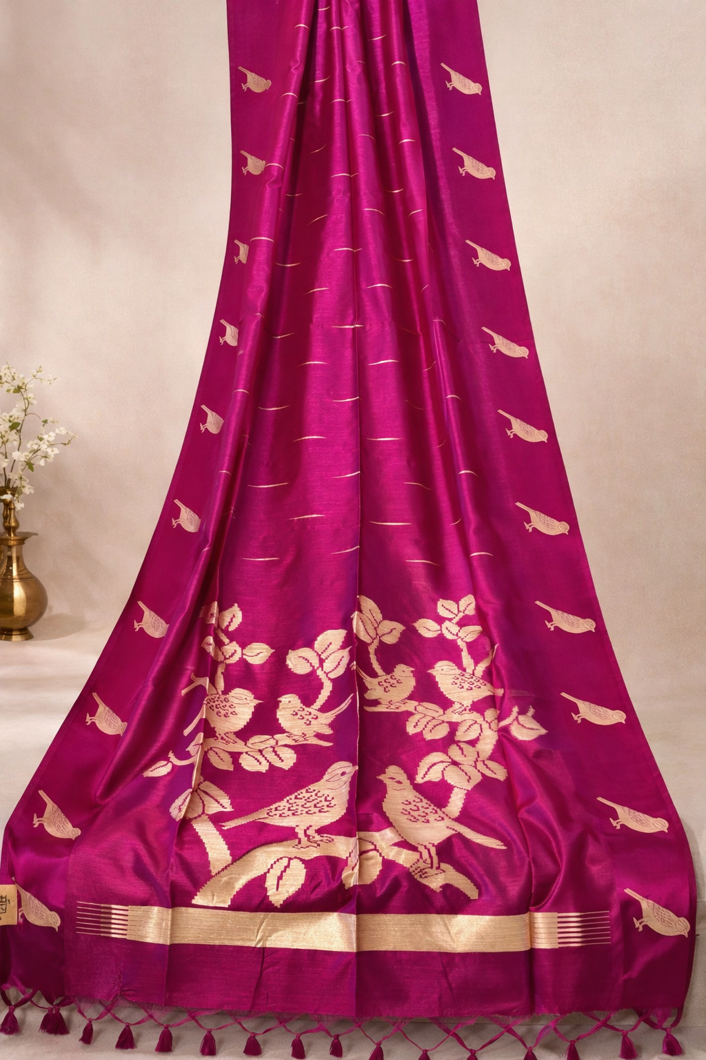 Purple Semi Tussar Silk Saree with Satin Border & Chidya Design