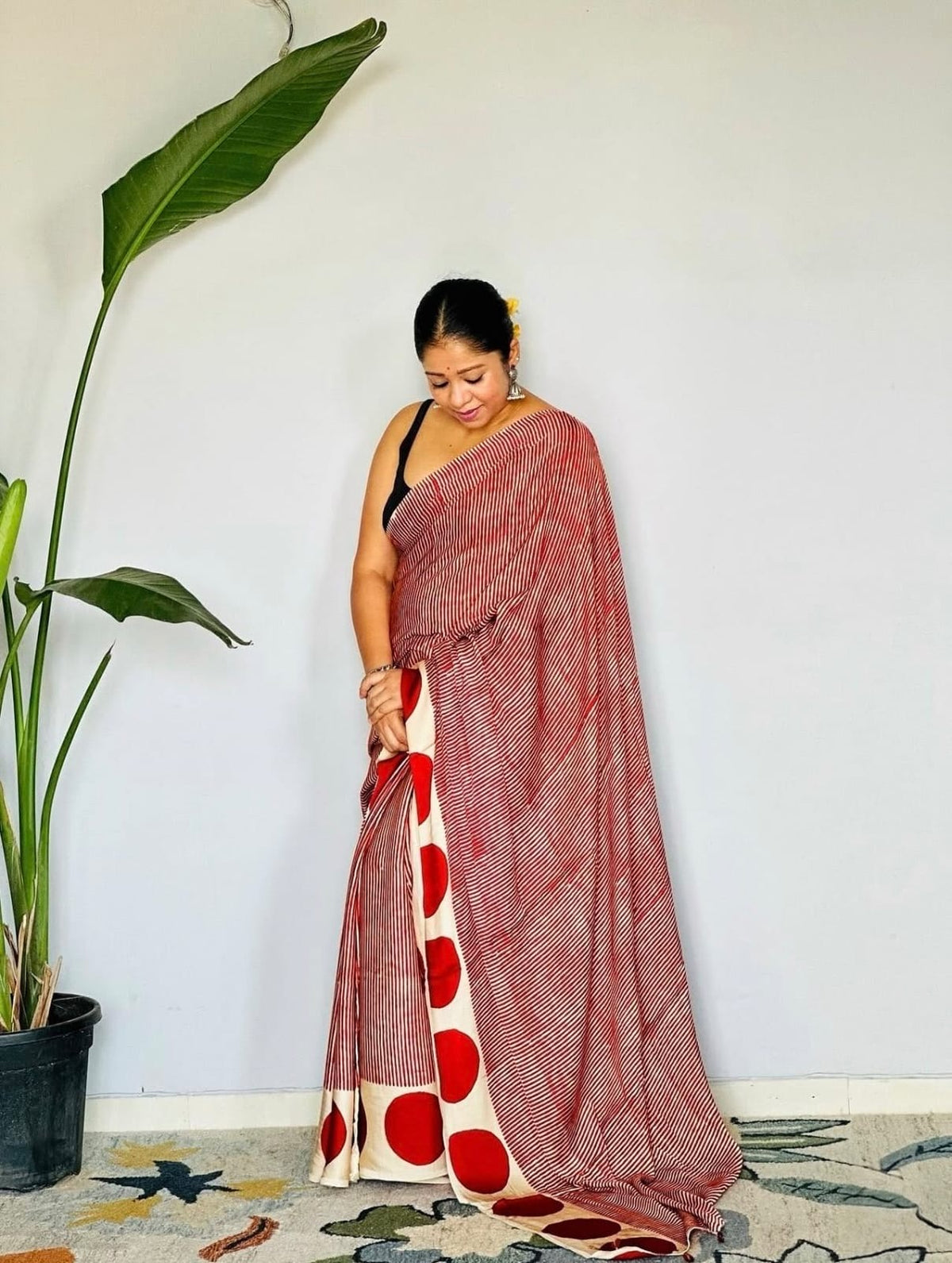 White & Coral Red Striped Semi Modal Silk Saree