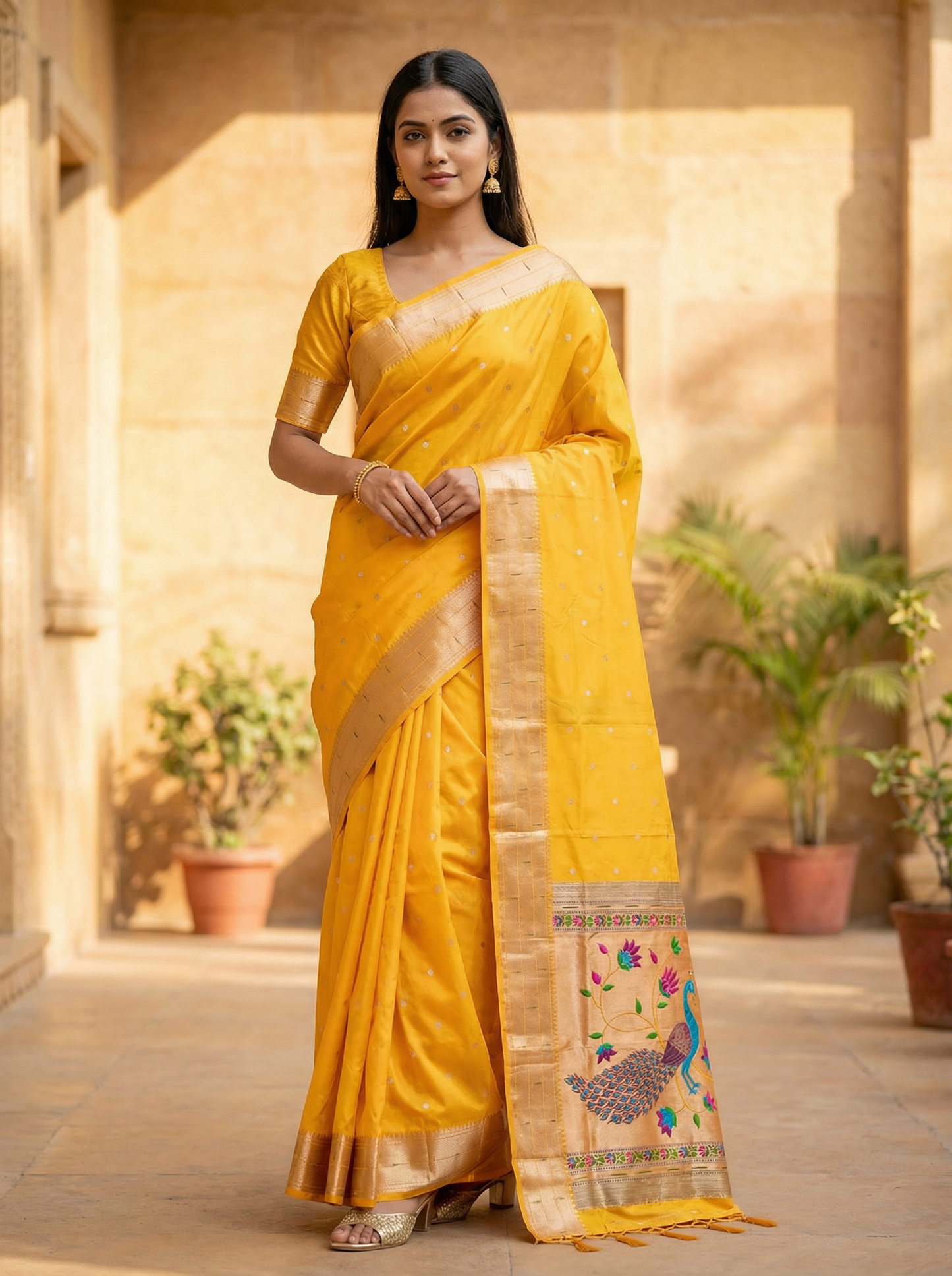 Sunshine Yellow Kanjivaram Silk blend Paithani Saree with unstitched blouse