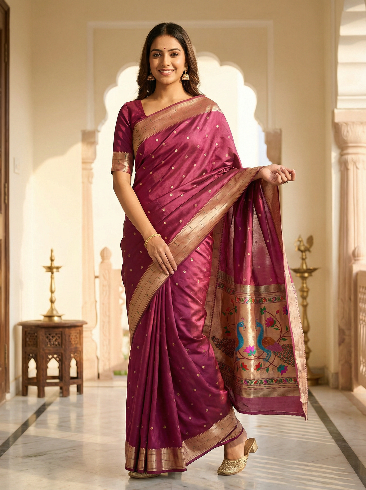 Wine Maroon Kanjivaram Silk blend Paithani Saree with unstitched blouse
