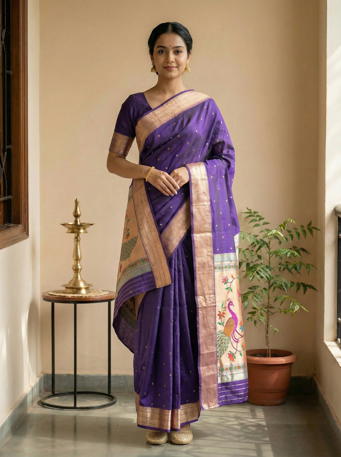 Royal Purple Kanjivaram Silk blend Paithani Saree with unstitched blouse