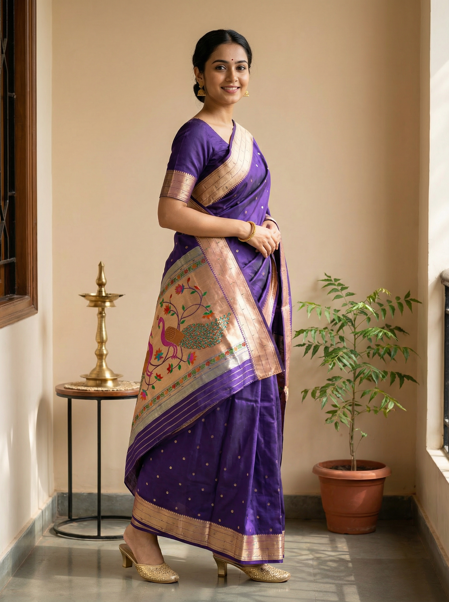 Royal Purple Kanjivaram Silk blend Paithani Saree with unstitched blouse