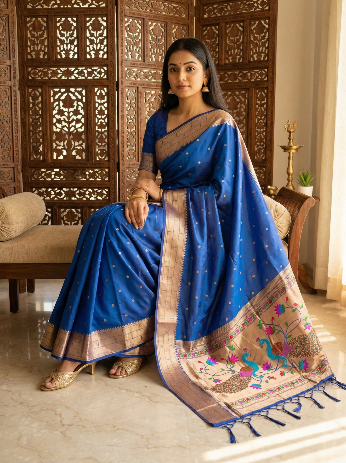 Royal Blue Kanjivaram Silk blend Paithani Saree with unstitched blouse