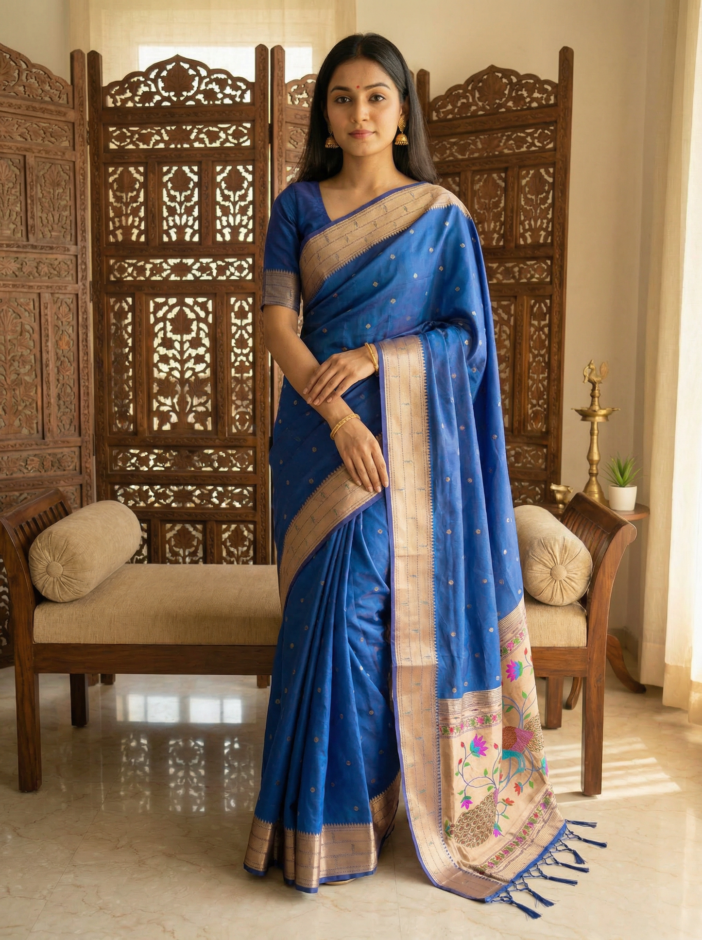 Royal Blue Kanjivaram Silk blend Paithani Saree with unstitched blouse