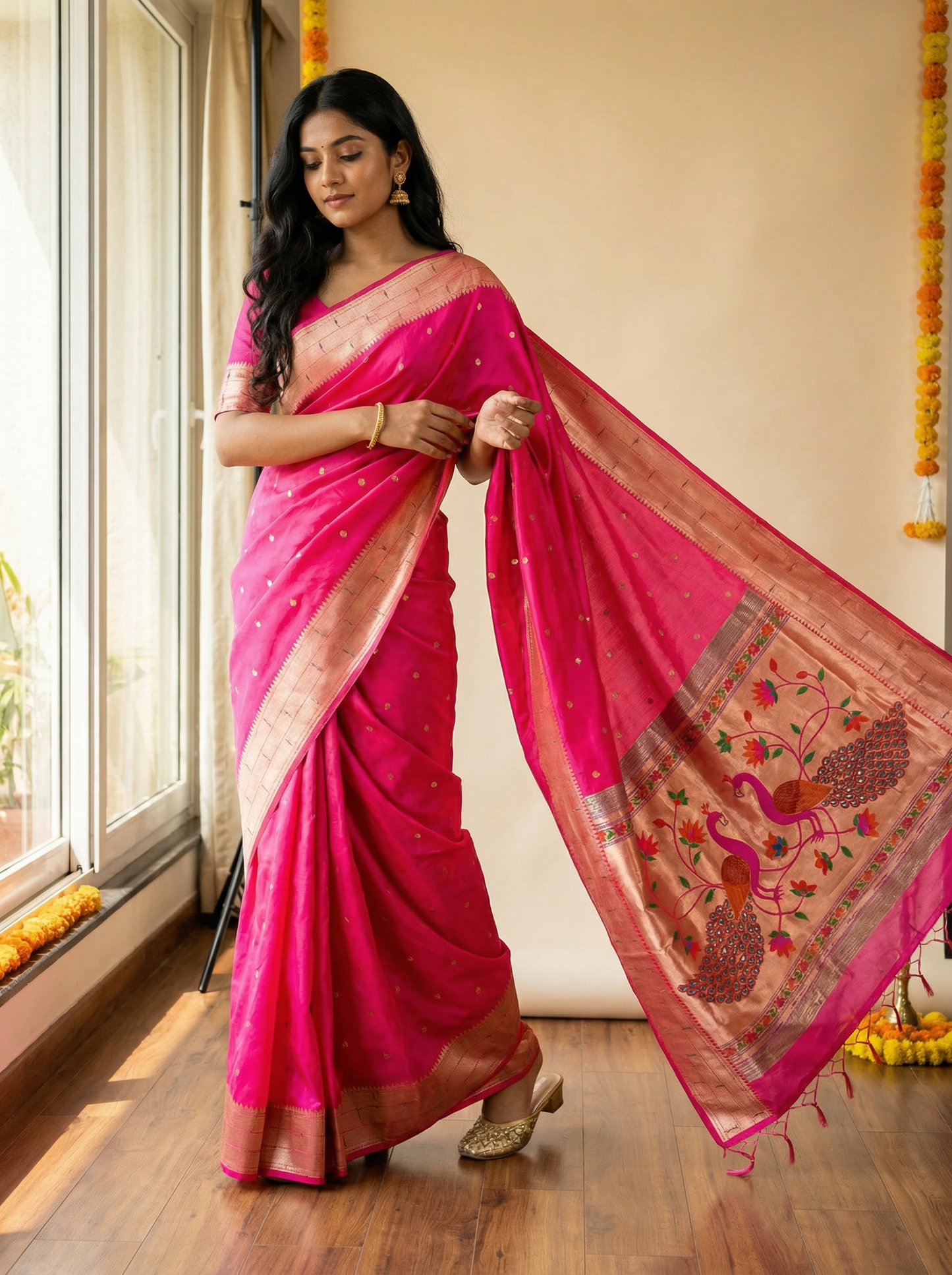 Rani Pink Kanjivaram Silk blend Paithani Saree with unstitched blouse