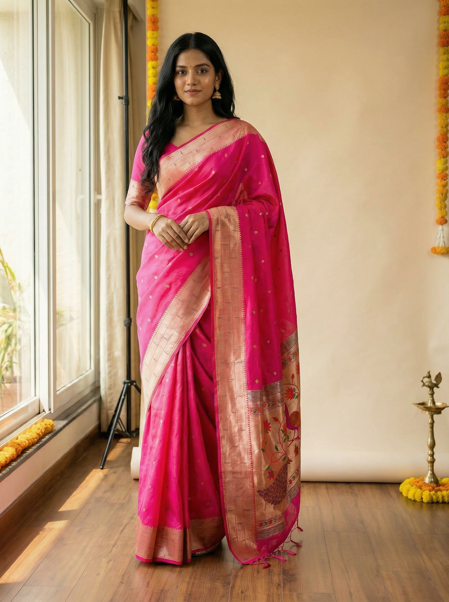 Rani Pink Kanjivaram Silk blend Paithani Saree with unstitched blouse