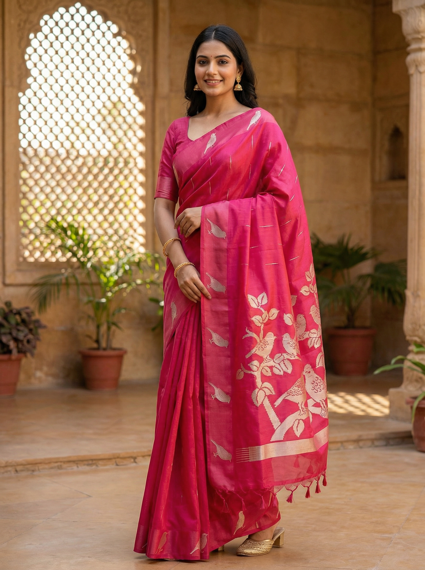 Rani Pink Semi Tussar Silk Saree with Satin Border & Chidya Design