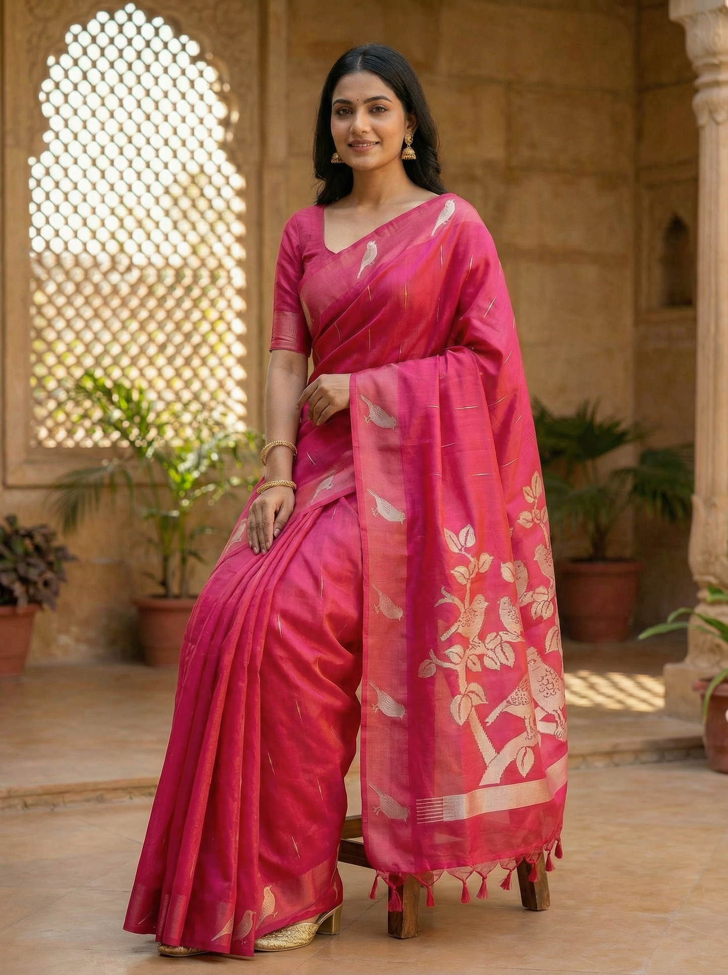 Rani Pink Semi Tussar Silk Saree with Satin Border & Chidya Design