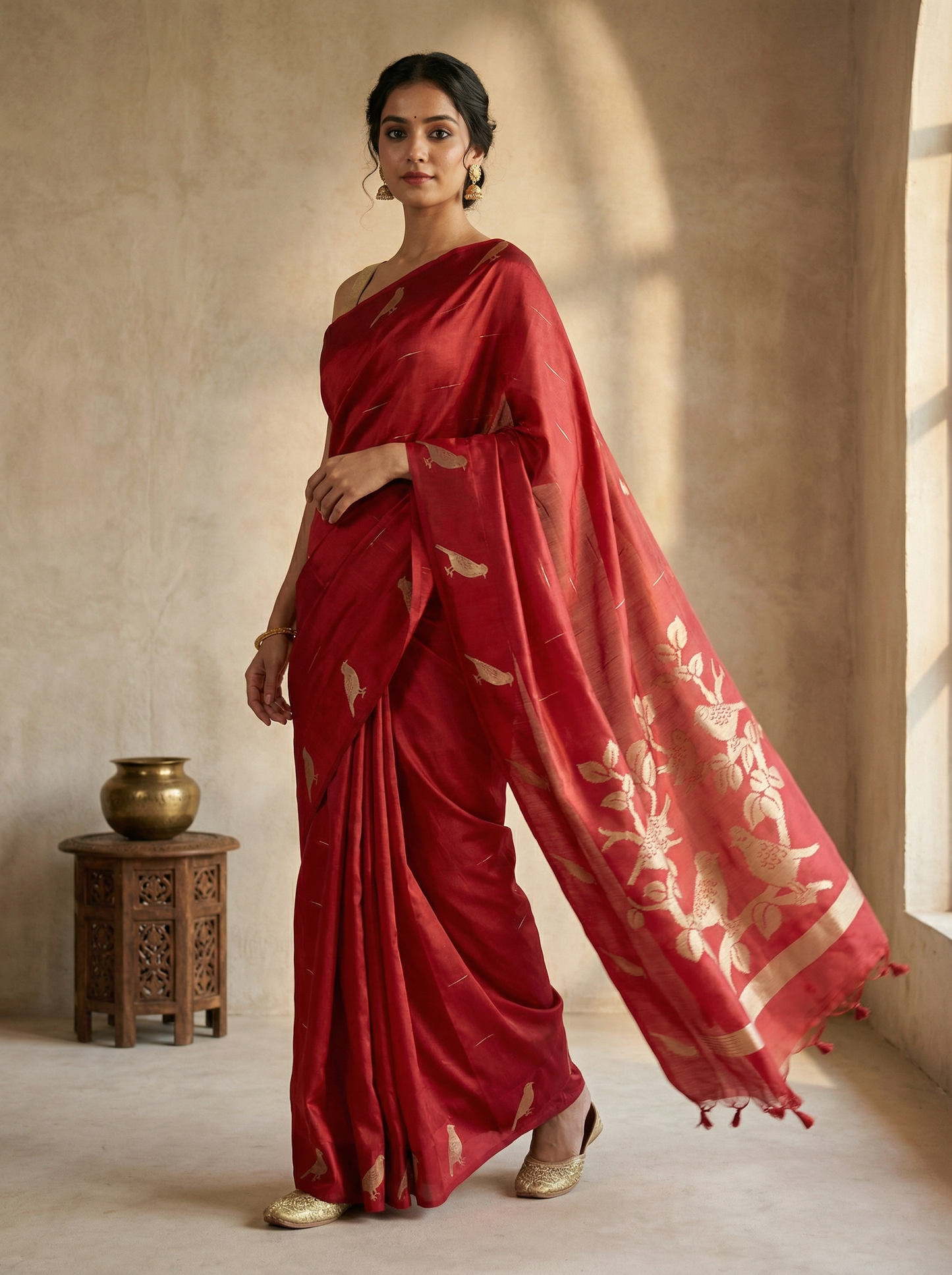 Red Semi Tussar Silk Saree with Satin Border & Chidya Design