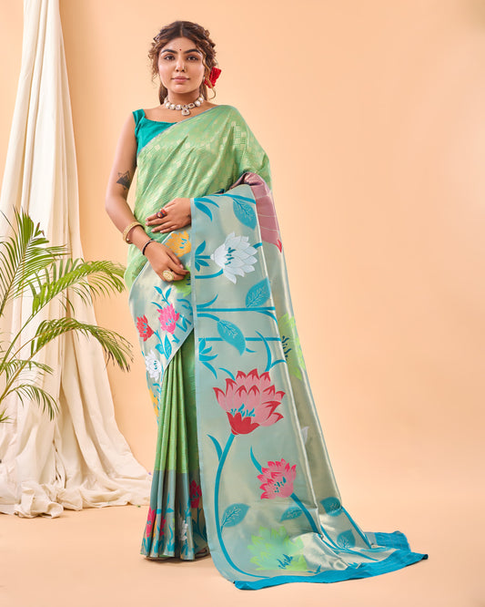Parrot Green Phool Baag Tissue Paithani