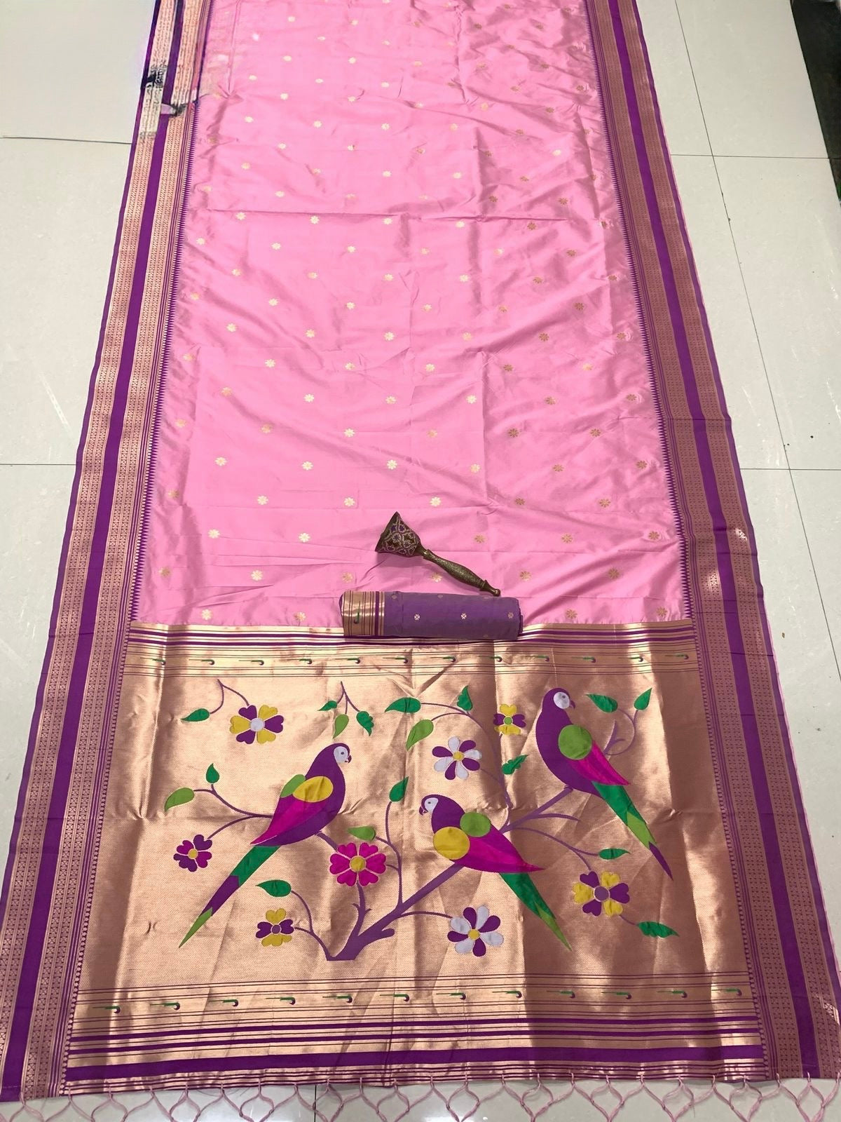 Purple & Soft Pink Nauvari Kanjivaram Silk blend Paithani Saree with unstitched blouse.