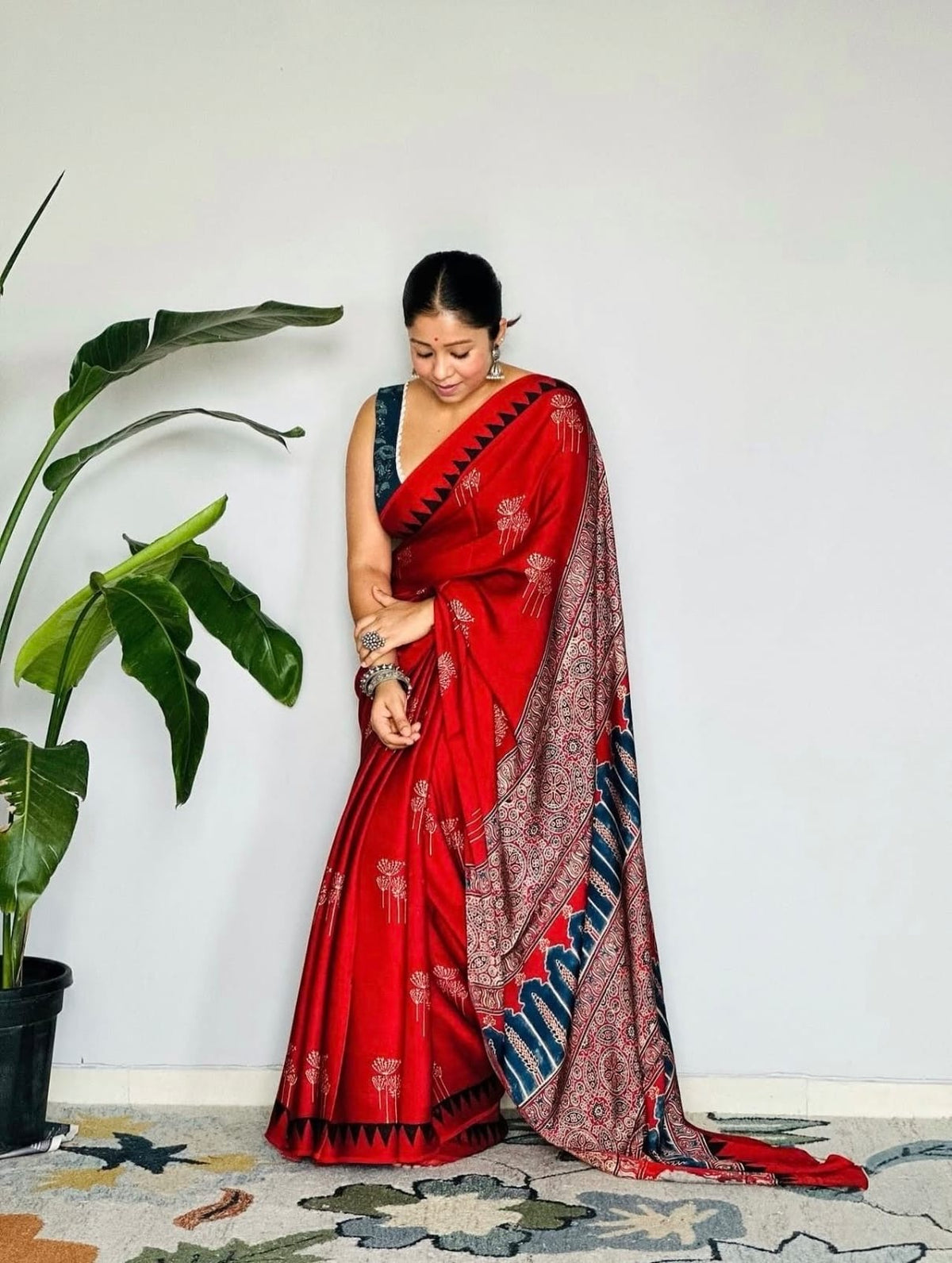 Coral Red Semi Modal Silk Saree