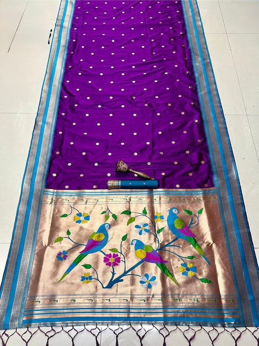 Turquoise Blue & Purple Nauvari Kanjivaram Silk blend Paithani Saree with unstitched blouse.