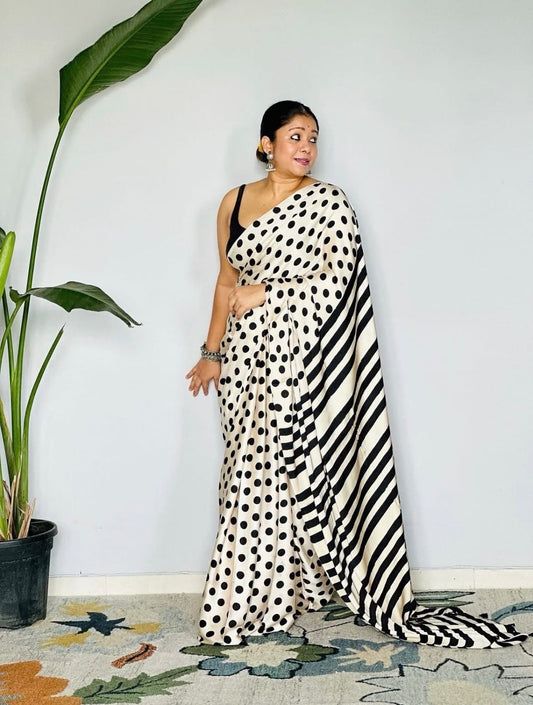Black & White Polka Dot Semi Modal Silk Saree