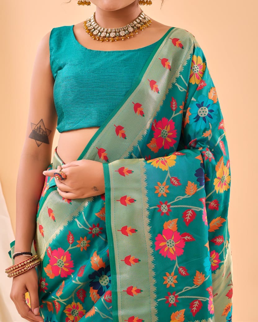 Peacock Green Multi Color Floral Brocade Paithani