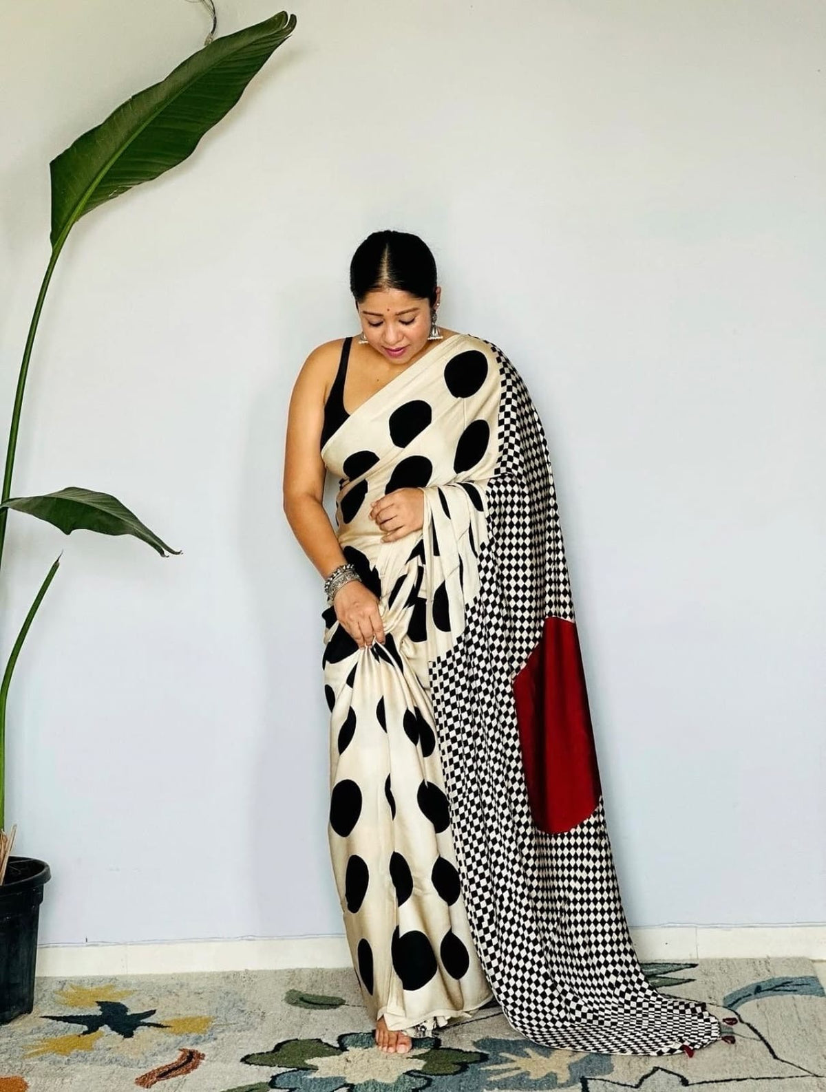 Off-White & Black Polka Dot Semi Modal Silk Saree