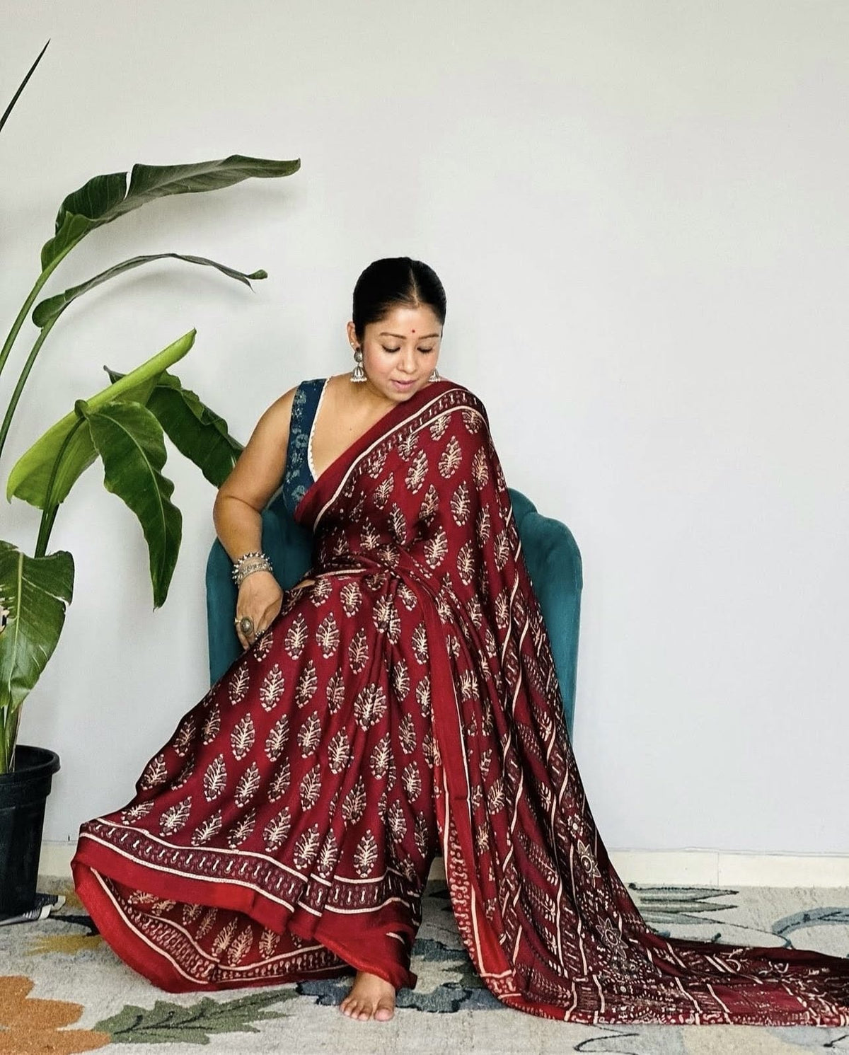 Maroon Floral Print Semi Modal Silk Saree