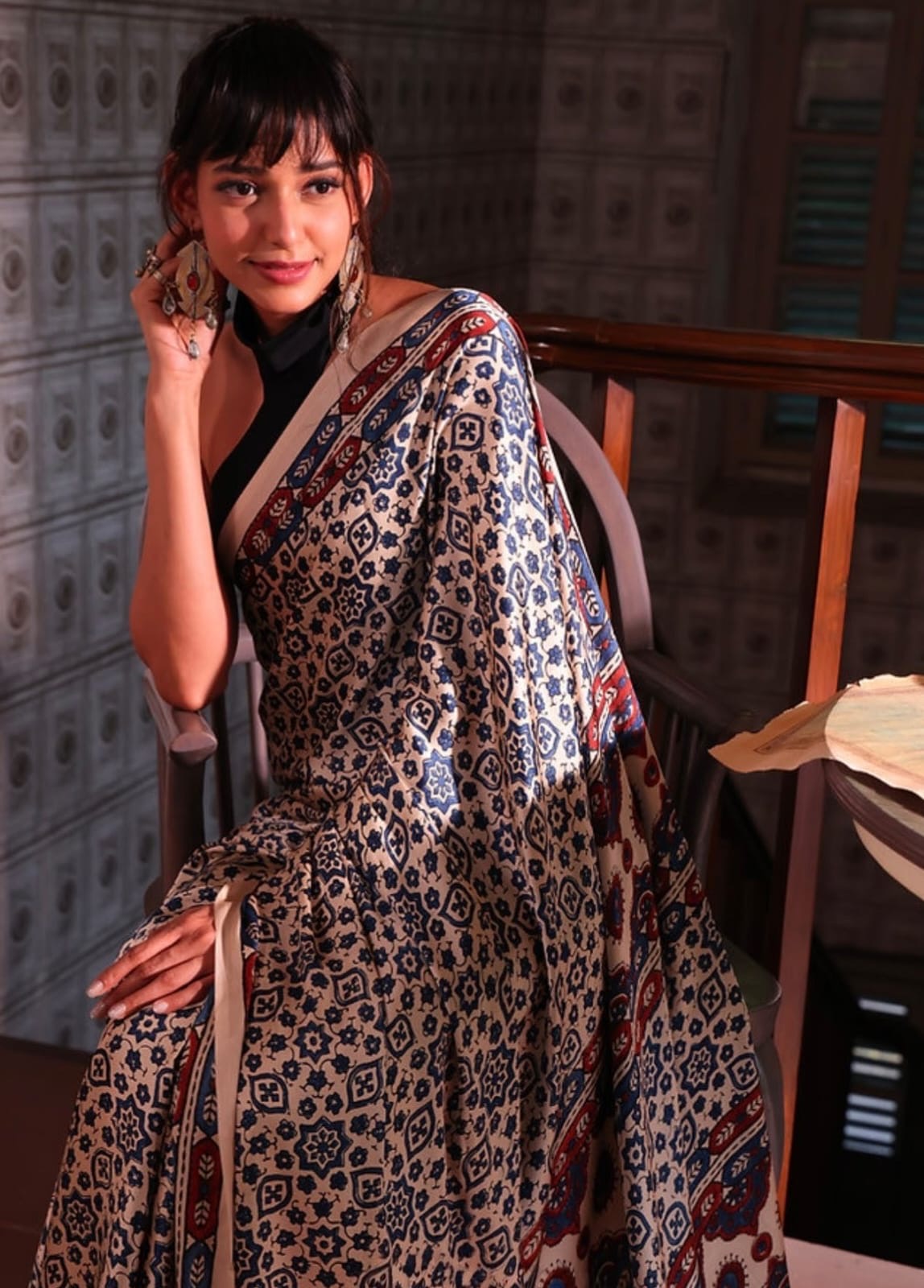 Blue & Coral Floral Print Semi Modal Silk Saree
