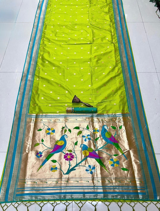 Turquoise Blue & Lime Green Nauvari Kanjivaram Silk blend Paithani Saree with unstitched blouse.