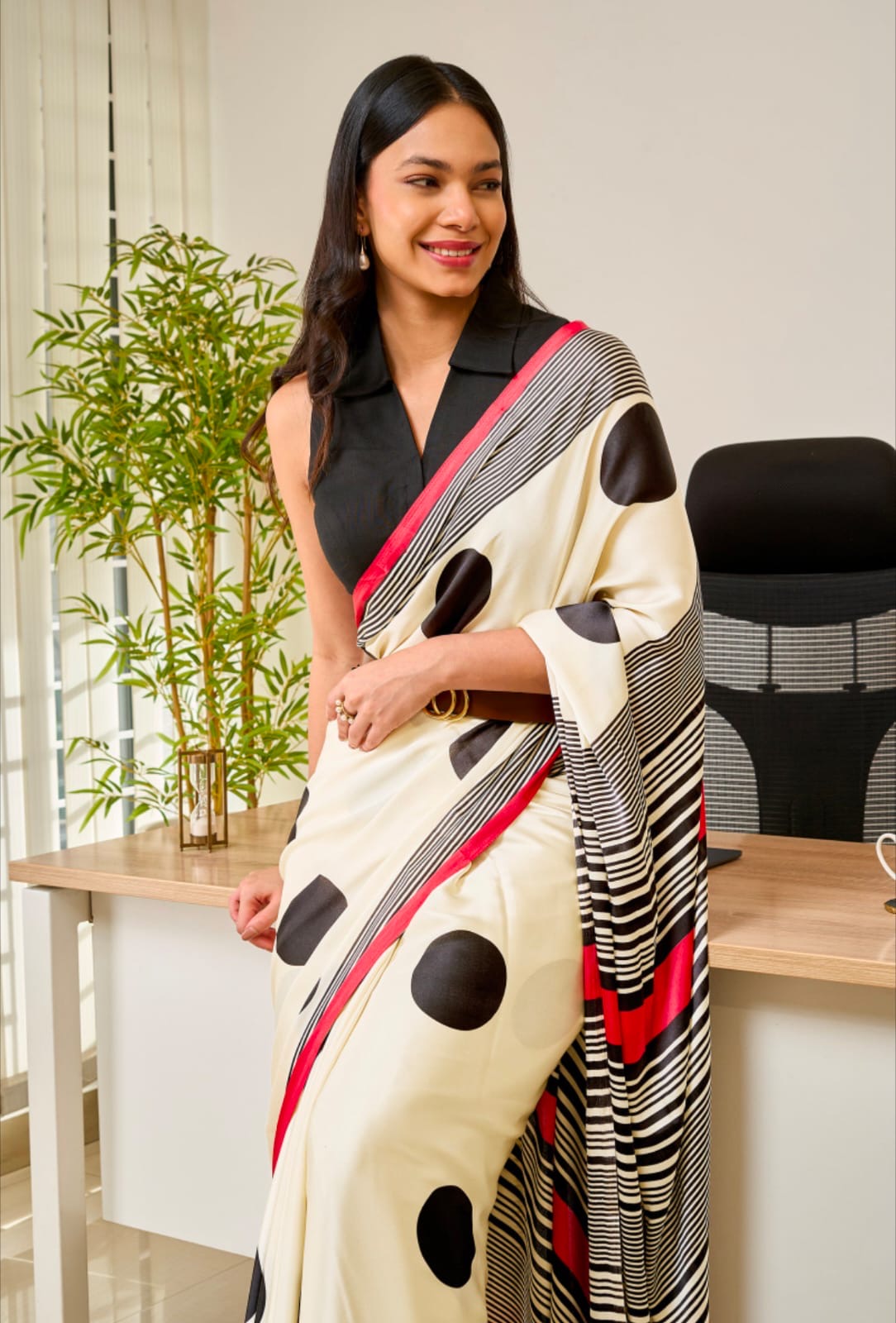 Off-White & Black Polka Dot Semi Modal Silk Saree