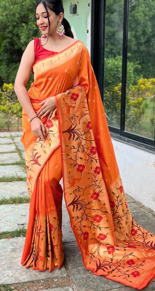 Kesari Orange Floral Skirt Border Paithani