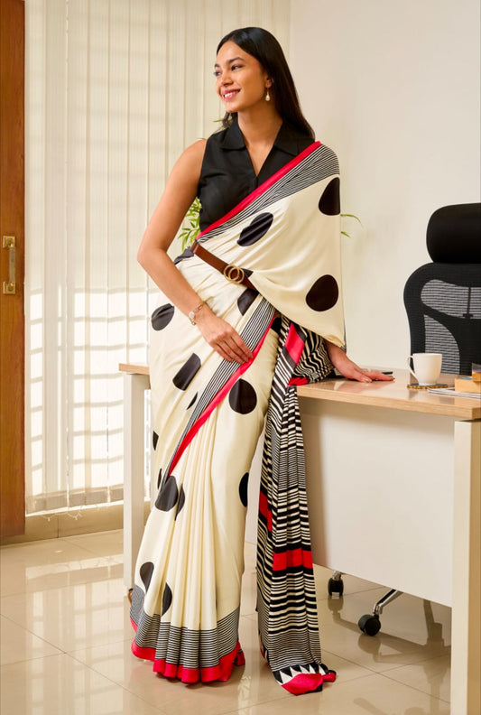 Off-White & Black Polka Dot Semi Modal Silk Saree