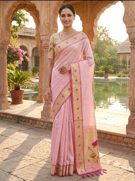 Pastel Pink Gold Zari Lotus Tissue Paithani