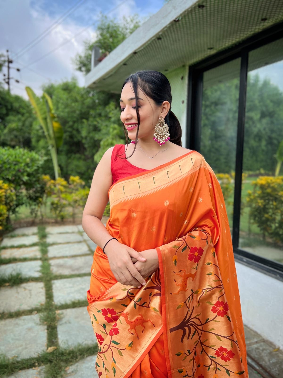 Kesari Orange Floral Skirt Border Paithani