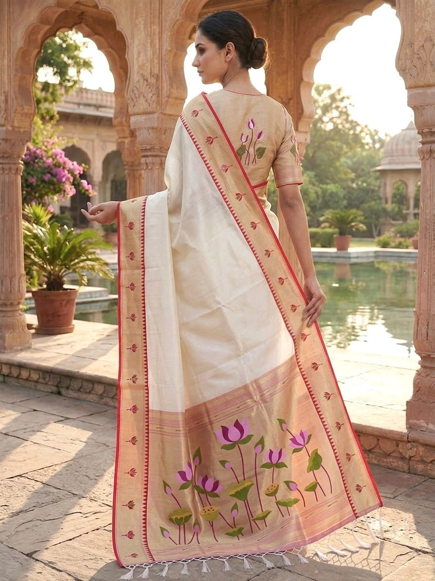 White Gold Zari Lotus Tissue Paithani