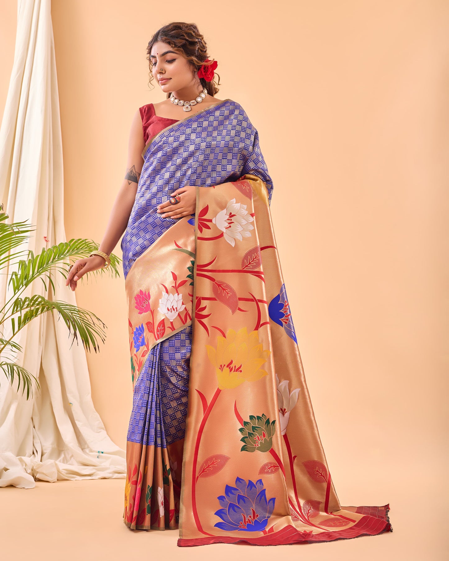 Royal Blue Phool Baag Tissue Paithani