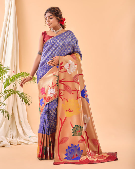 Royal Blue Phool Baag Tissue Paithani