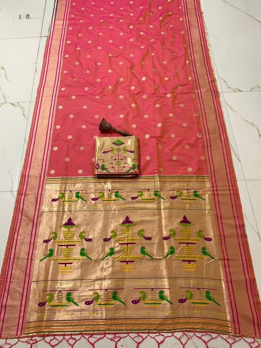 Rose PinkNauvari Kanjivaram Silk blend Paithani Saree with unstitched blouse