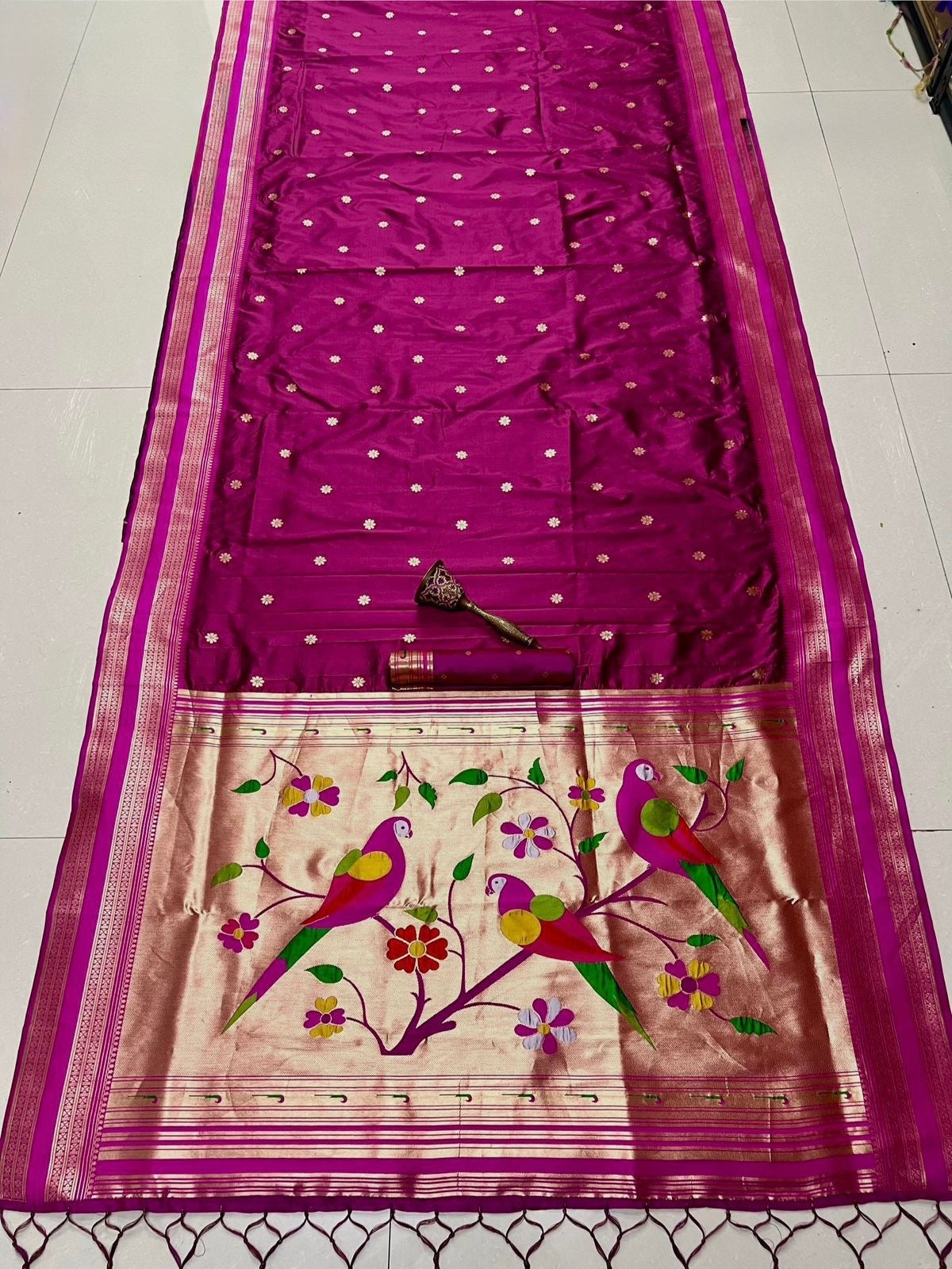 Magenta & Wine Nauvari Kanjivaram Silk blend Paithani Saree with unstitched blouse.