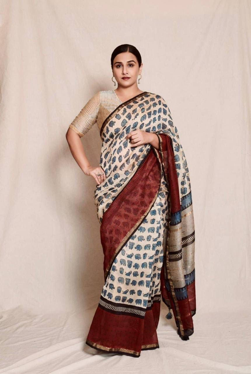 Ivory Handblock Print Cotton Saree