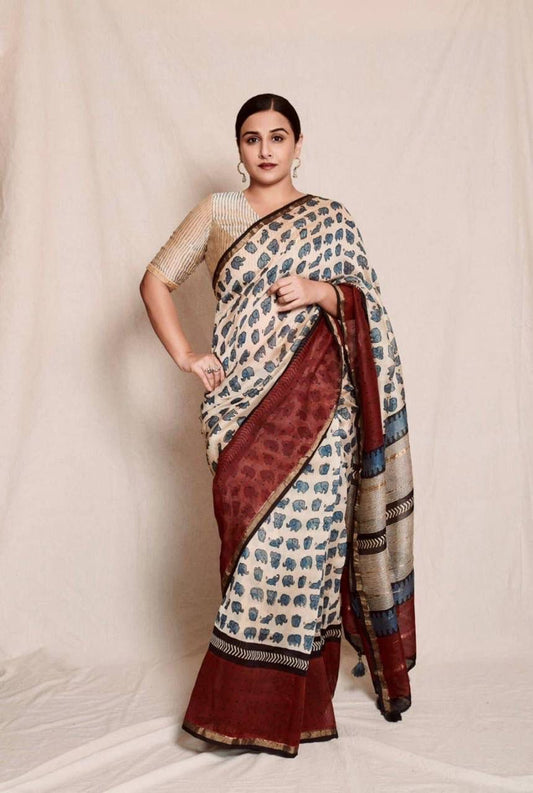 Ivory Handblock Print Cotton Saree