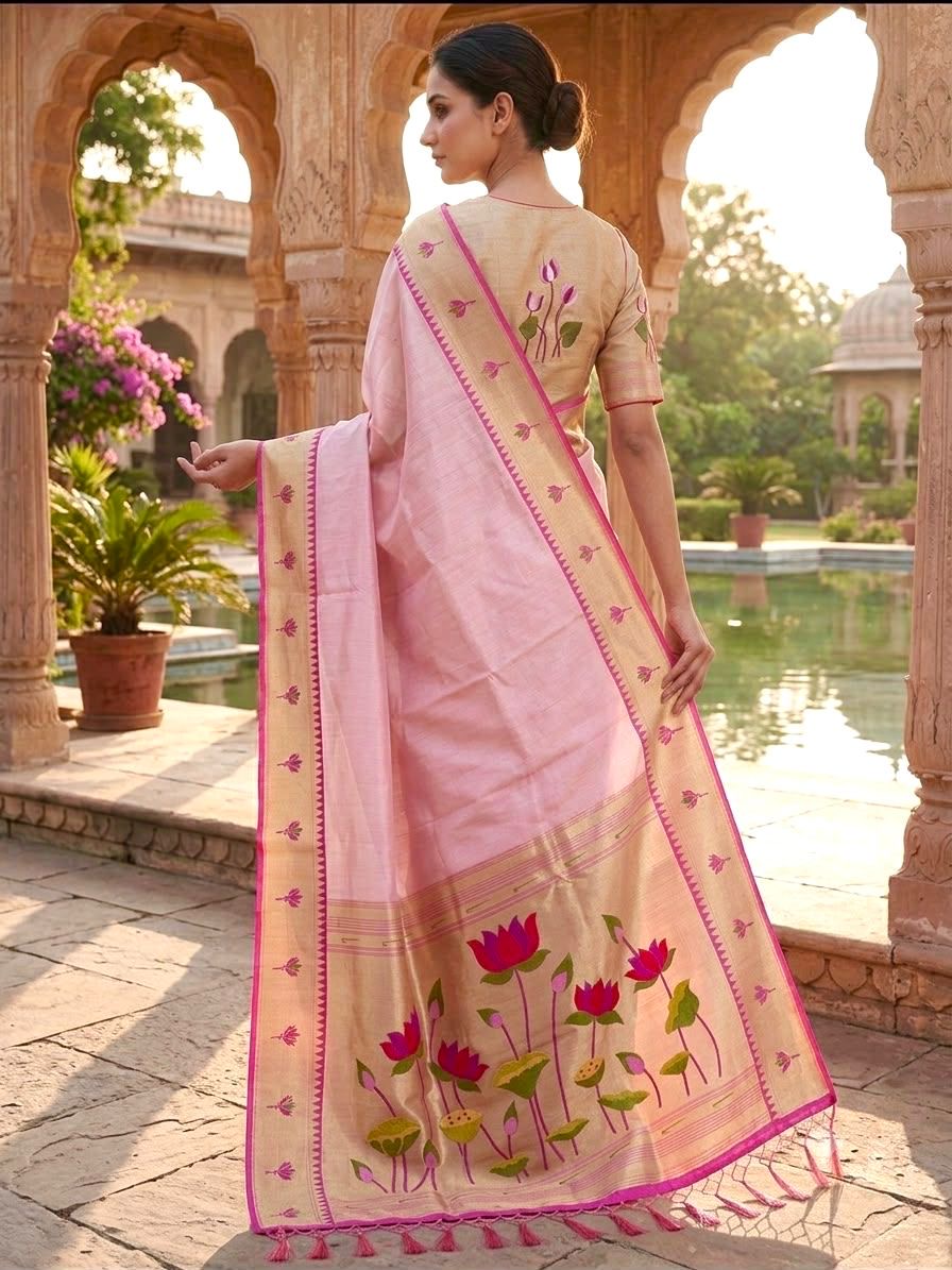 Pastel Pink Gold Zari Lotus Tissue Paithani