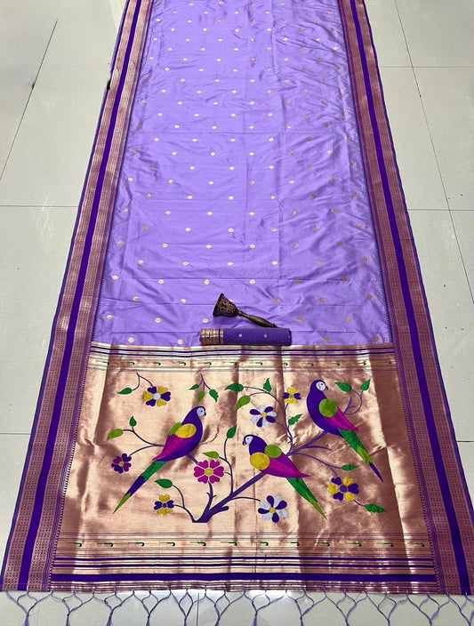 Deep Purple & Lavender Nauvari Kanjivaram Silk blend Paithani Saree with unstitched blouse.