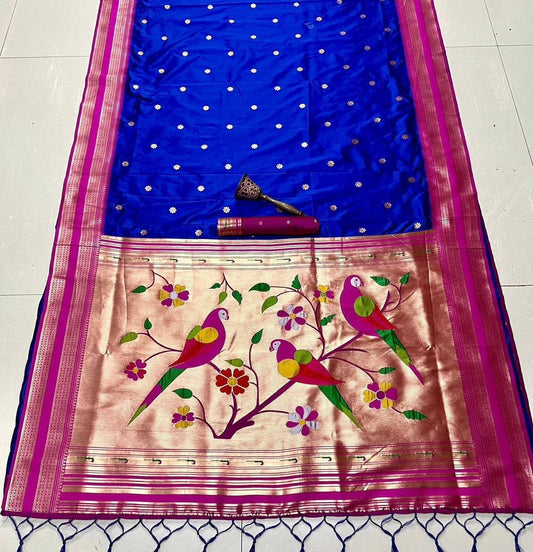 Rani & Royal Blue Nauvari Kanjivaram Silk blend Paithani Saree with unstitched blouse.