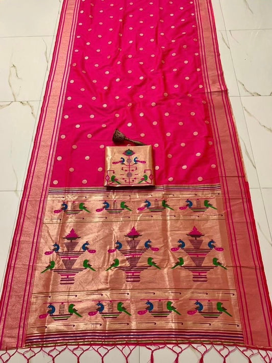 Rani Pink Nauvari Kanjivaram Silk blend Paithani Saree with unstitched blouse