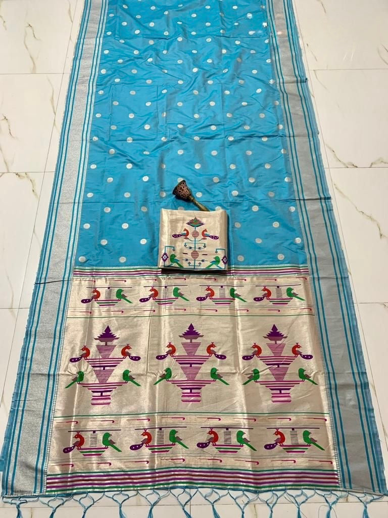 Neelkanth Blue Nauvari Kanjivaram Silk blend Paithani Saree with unstitched blouse