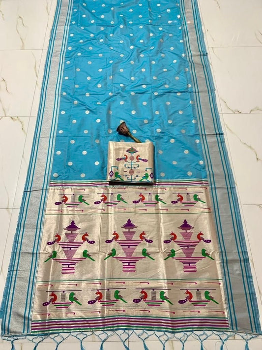 Neelkanth Blue Nauvari Kanjivaram Silk blend Paithani Saree with unstitched blouse