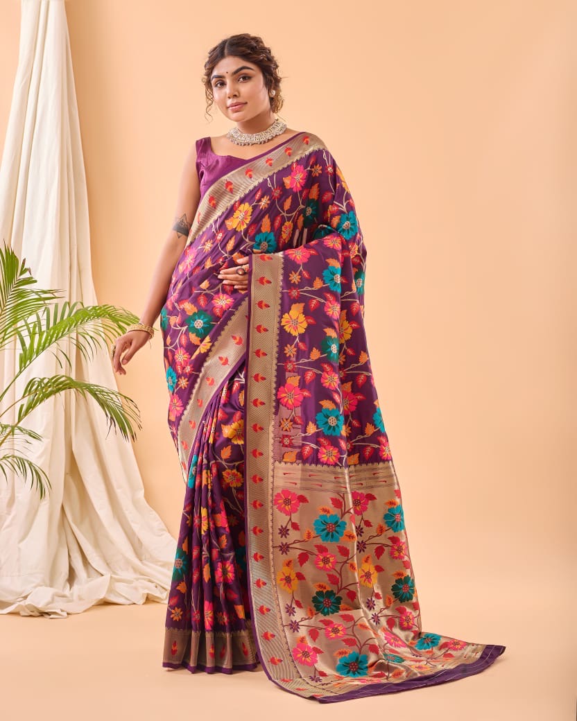 Jammuni Purple Multi Color Floral Brocade Paithani