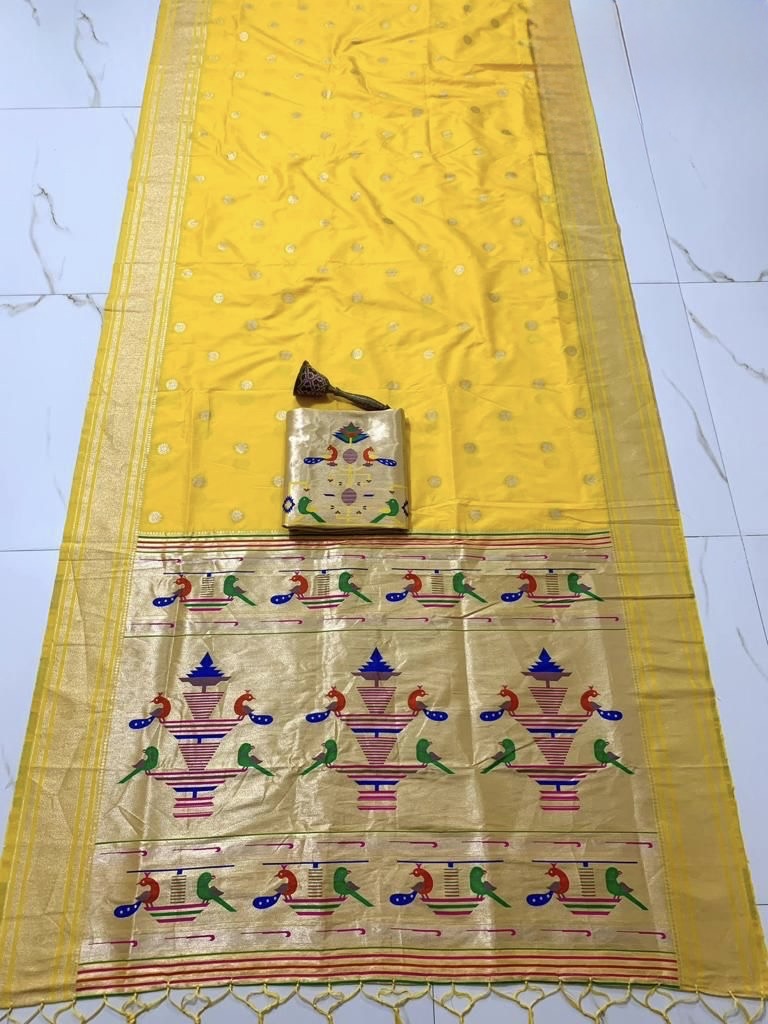 Yellow Nauvari Kanjivaram Silk blend Paithani Saree with unstitched blouse