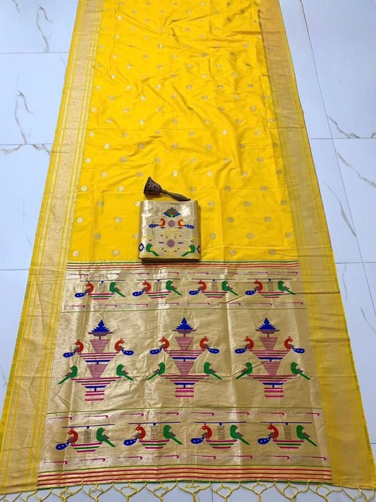 Yellow Nauvari Kanjivaram Silk blend Paithani Saree with unstitched blouse
