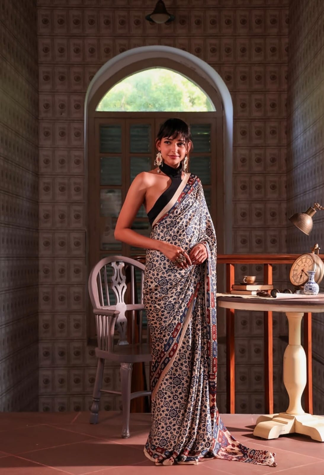Blue & Coral Floral Print Semi Modal Silk Saree